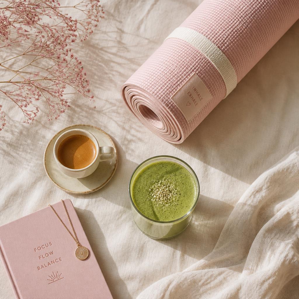 Espresso, smoothie, and rolled mat — the morning ritual